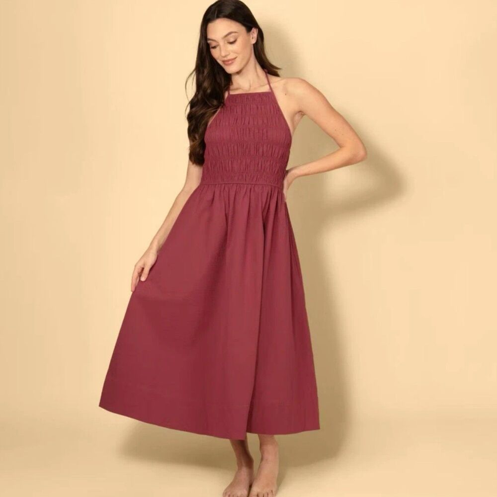 Solid & Striped Women Smocked A Line Midi Halter Dress Burgundy Size XL Coastal